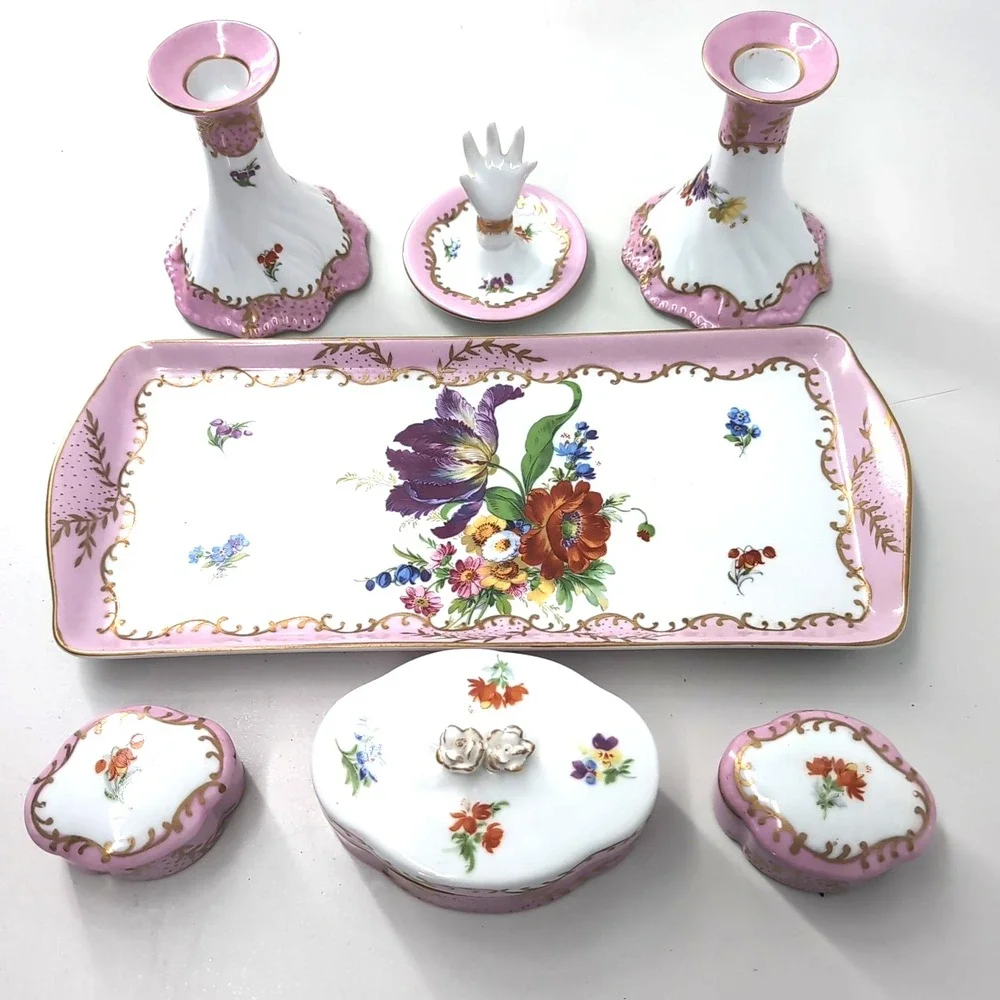 Paris Royal Hand Painted Porcelain Vanity Set Floral Pink Gold Gilt 7 Piece